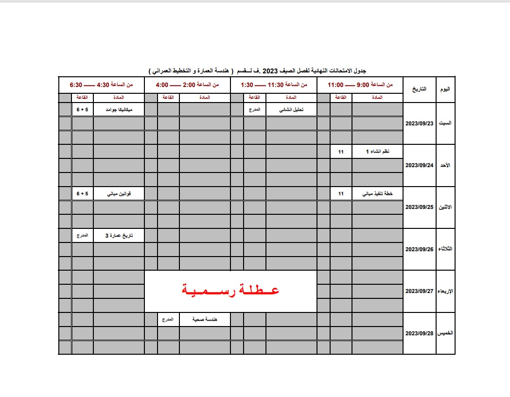 جدول العمارة و التخطيط