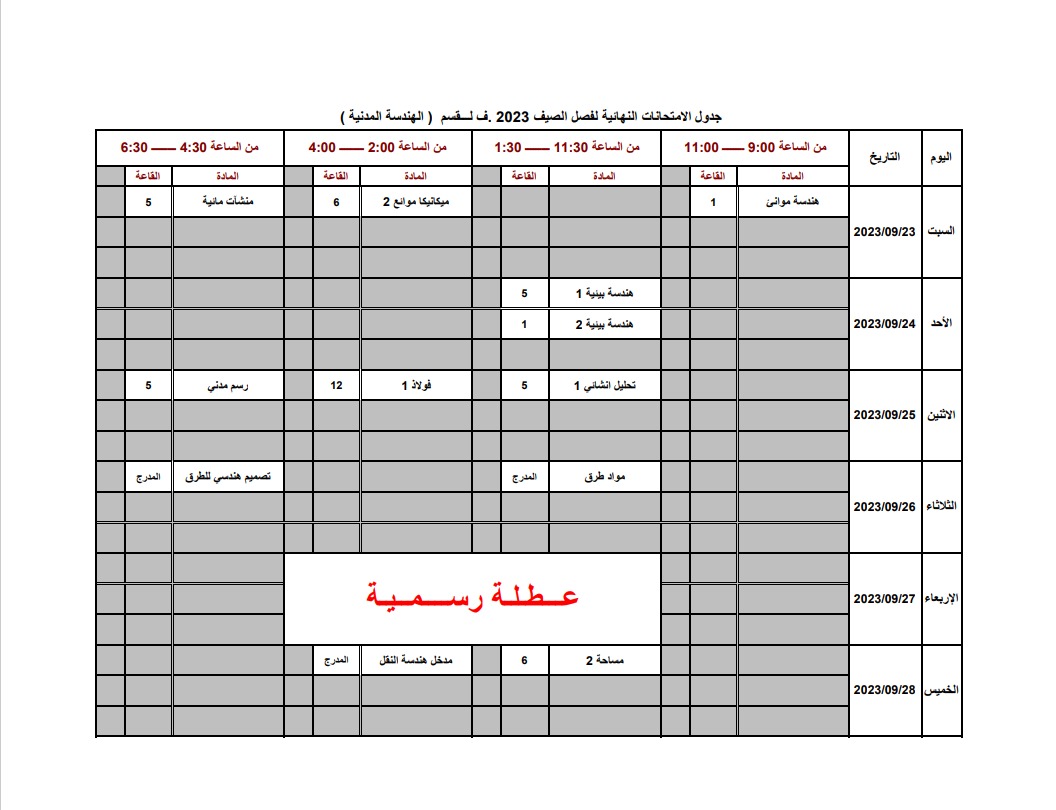 جدول الهندسة المدنية