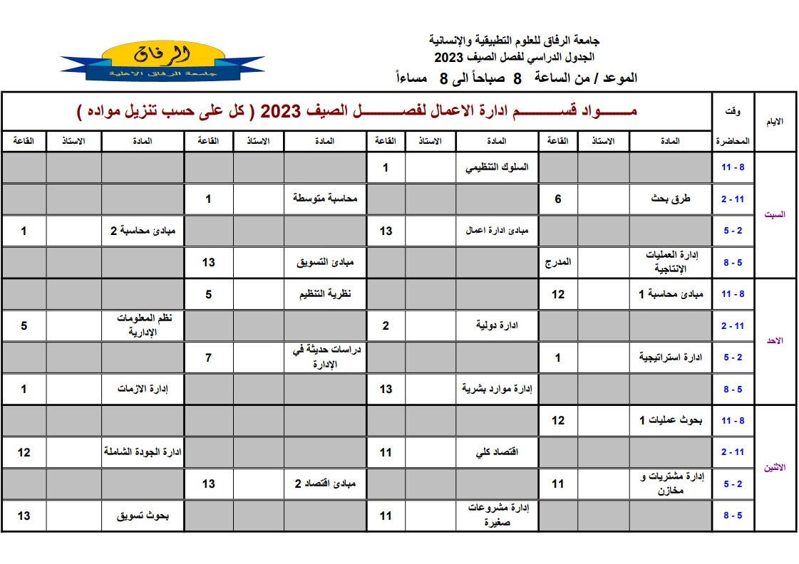 جدول إدارة الاعمال