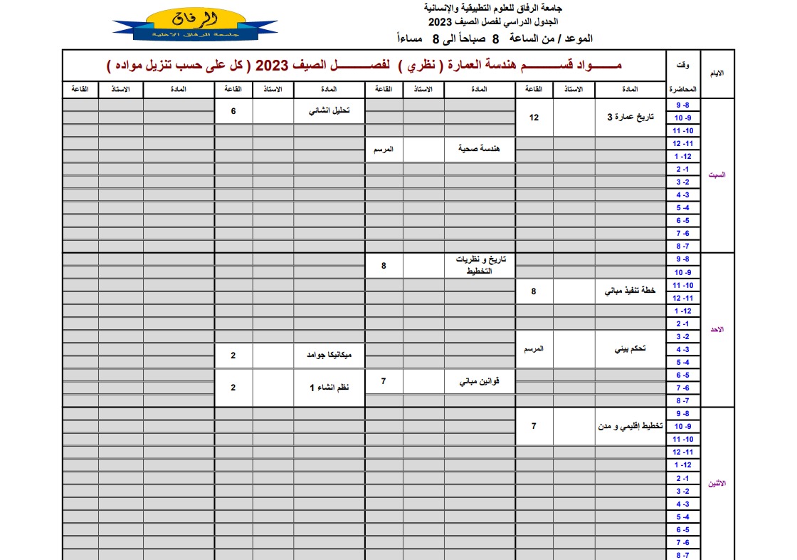 جدول العمارة و التخطيط