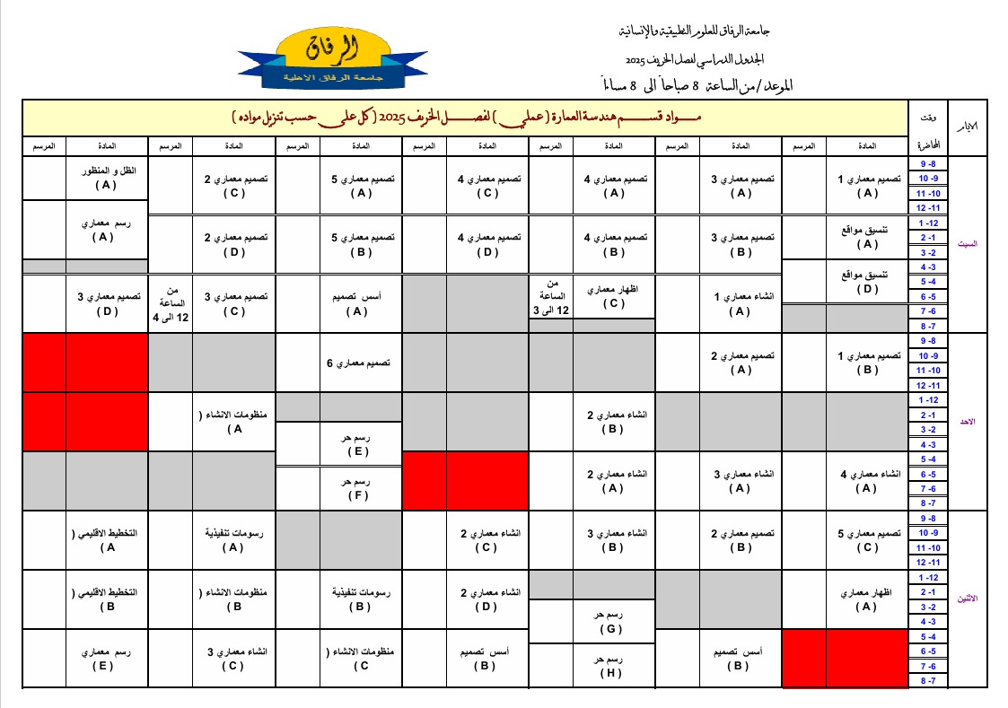 جدول العمارة والتخطيط