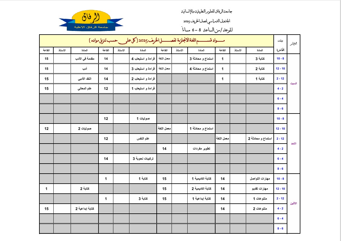 جدول اللغة الإنجليزية