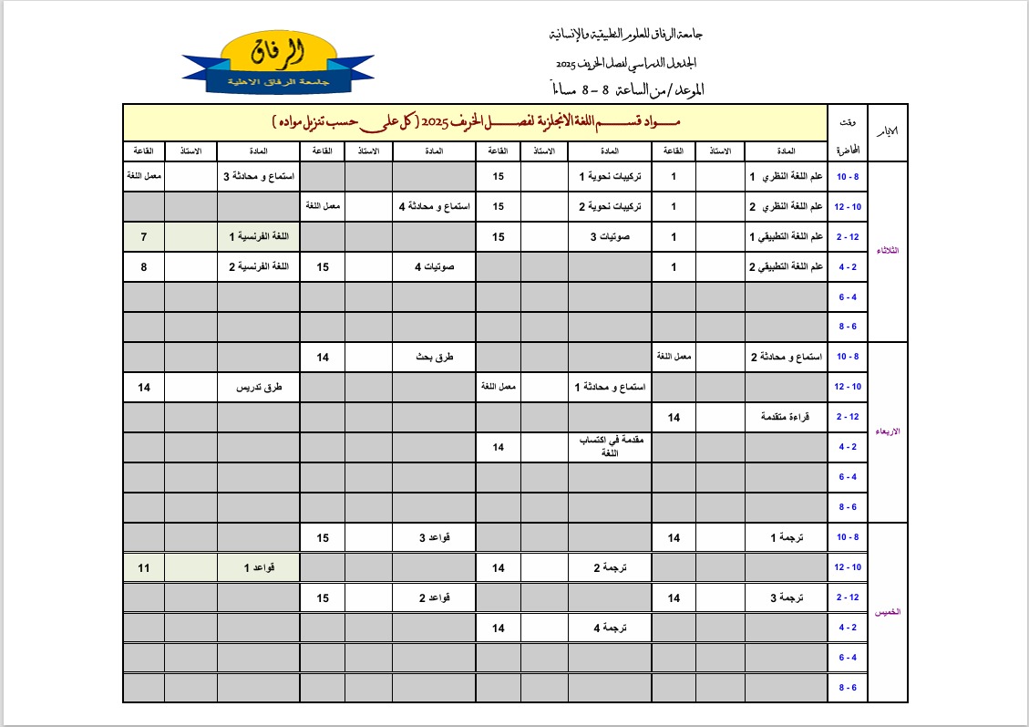 جدول اللغة الإنجليزية